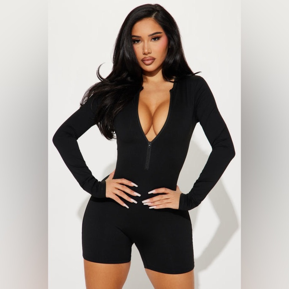Fashion Nova Black Long-Sleeve Zip-Front Bodysuit Romper